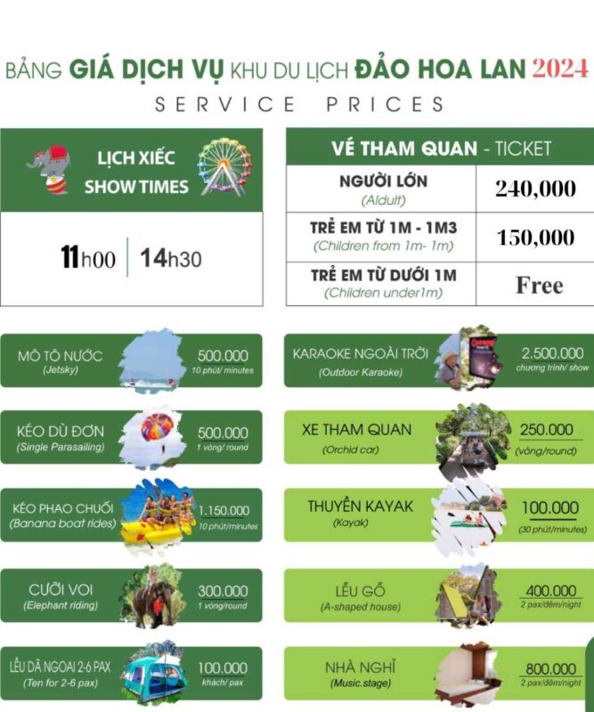 Bảng giá dịch vụ đảo Hoa Lan
