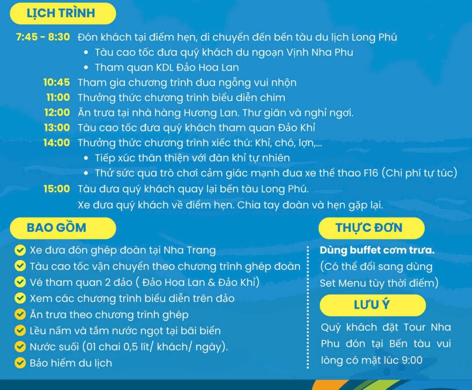 Lịch trình tour trọn gói Đảo Khỉ - Đảo Hoa Lan